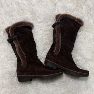 Aquatalia Dark Brown Suede Faux-Fur Mid-Calf Boots